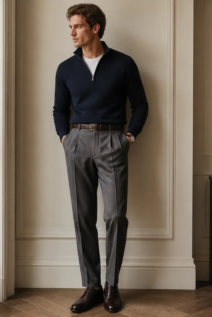 Navy quarter zip sweater worn over a white crewneck, paired with grey pleated trousers and dark brown oxfords; a structured belt and minimal wristwatch are visible.