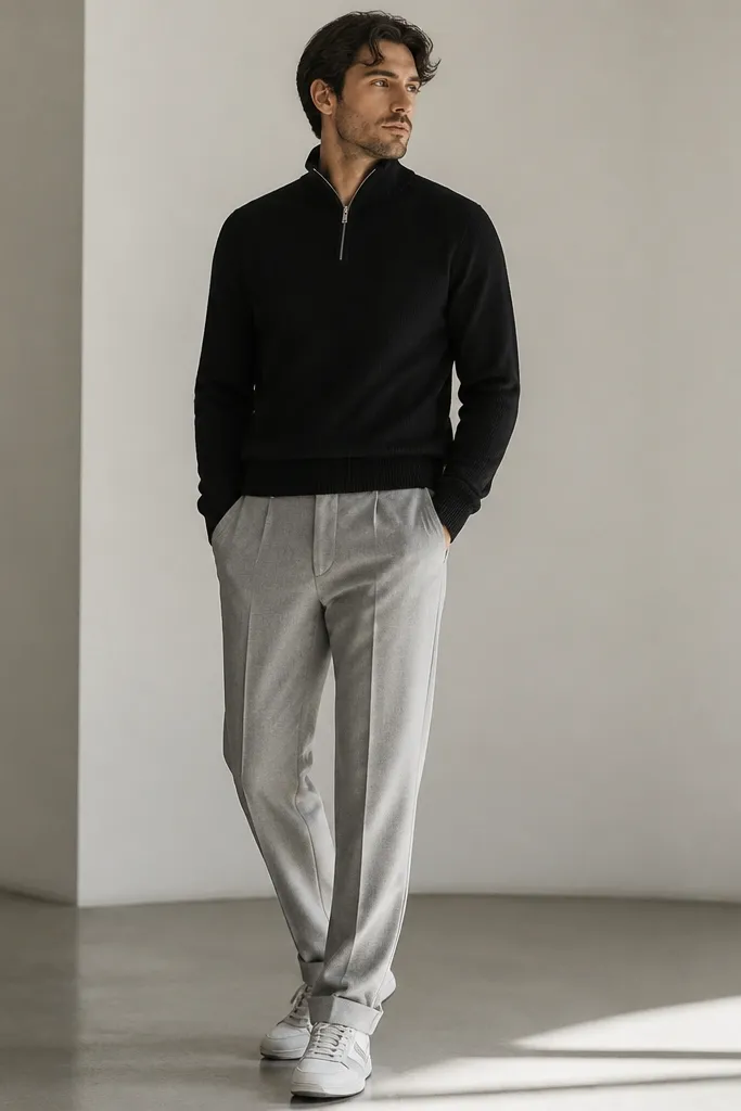Black quarter zip knit paired with light grey wool trousers and monochrome trainers; the outfit is photographed with a clean, minimal background.