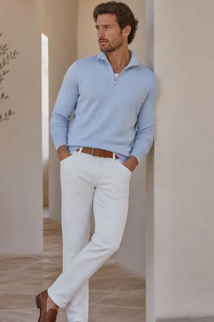 Powder blue quarter zip sweater with a clean collar, white denim jeans, and a tan leather belt; brown loafers appear at the bottom edge.