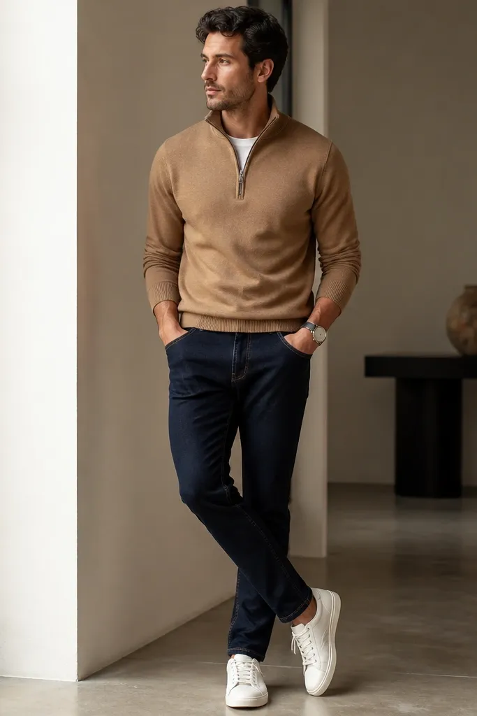Camel quarter zip sweater worn with dark navy jeans and white low-top sneakers; the outfit shows a clean waistband and simple watch.