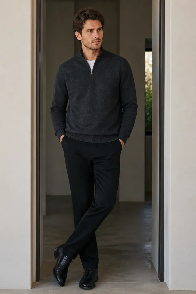 Charcoal quarter zip sweater with a subtle texture, black chinos, and black derby shoes; the outfit is photographed in a doorway with clean lines.