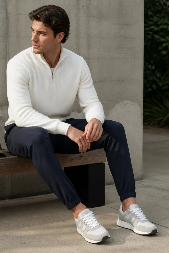 White quarter zip sweater paired with navy joggers that taper at the ankle, plus minimal white-and-grey sneakers; a cap sits folded on the bench.