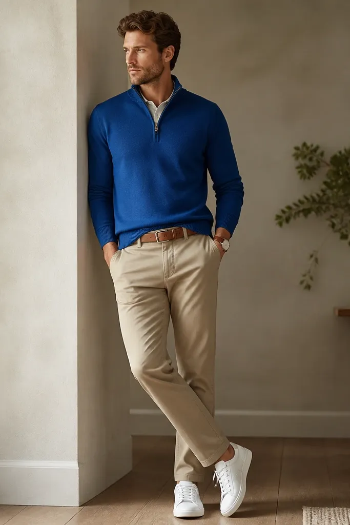 Royal blue quarter zip sweater with a ribbed zipper placket, tan chinos, and white leather trainers; the belt is tan and the watch has a simple strap.