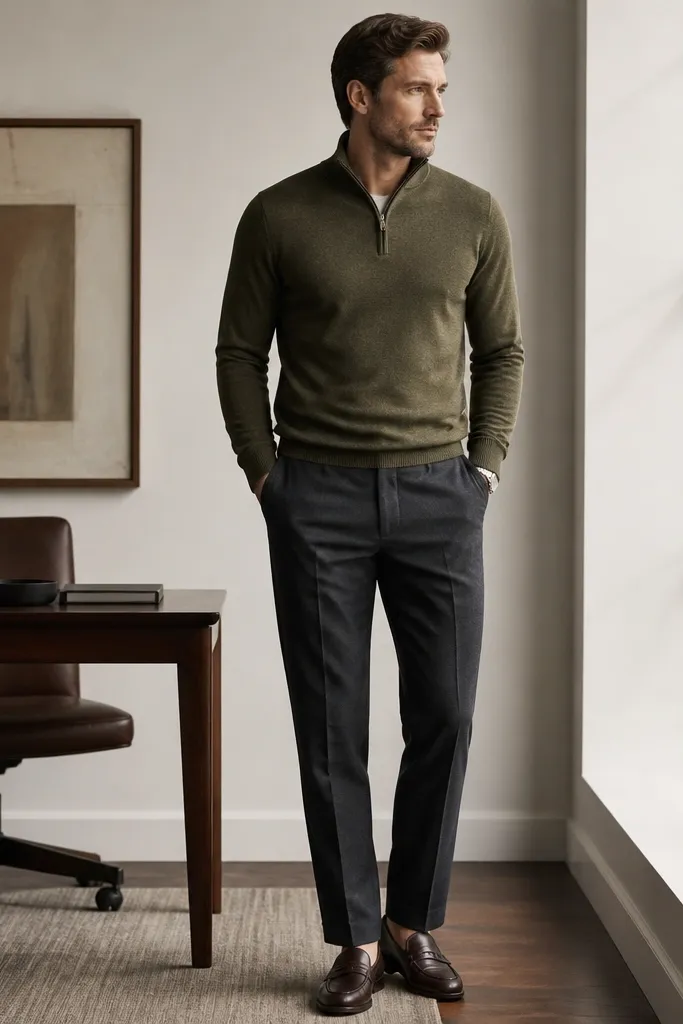 Olive quarter zip sweater worn with charcoal wool slacks and dark brown loafers; the outfit looks office-ready with a clean belt line.