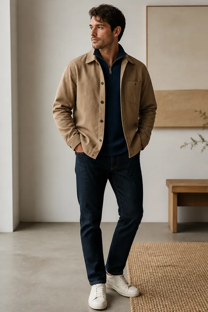 Navy quarter zip layered under a tan overshirt, with dark jeans and clean sneakers; the overshirt hem sits over the quarter zip.