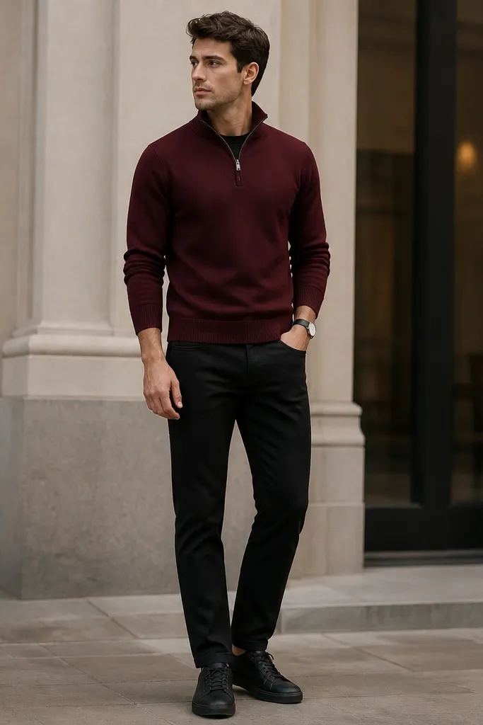 Burgundy quarter zip sweater with black straight-leg jeans and black sneakers; the outfit shows a clean, dark palette and a simple watch.