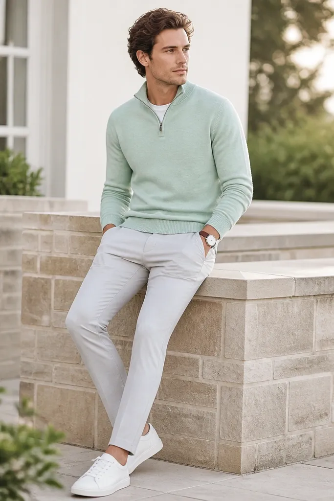 Seafoam quarter zip sweater with light grey trousers and white canvas sneakers; the outfit has a spring feel with a simple watch.