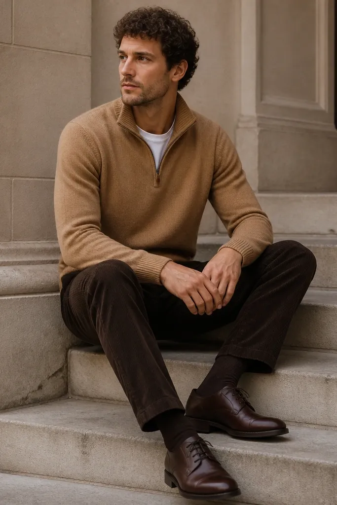 Camel quarter zip sweater over a crewneck, dark brown corduroy chinos, and leather derby shoes; visible cord texture adds depth.