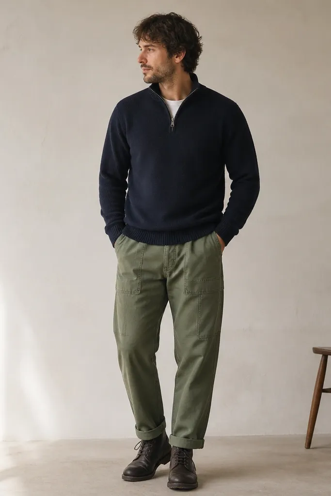 Navy quarter zip sweater worn with olive fatigue pants and dark leather boots; the pants have a utilitarian pocket style.