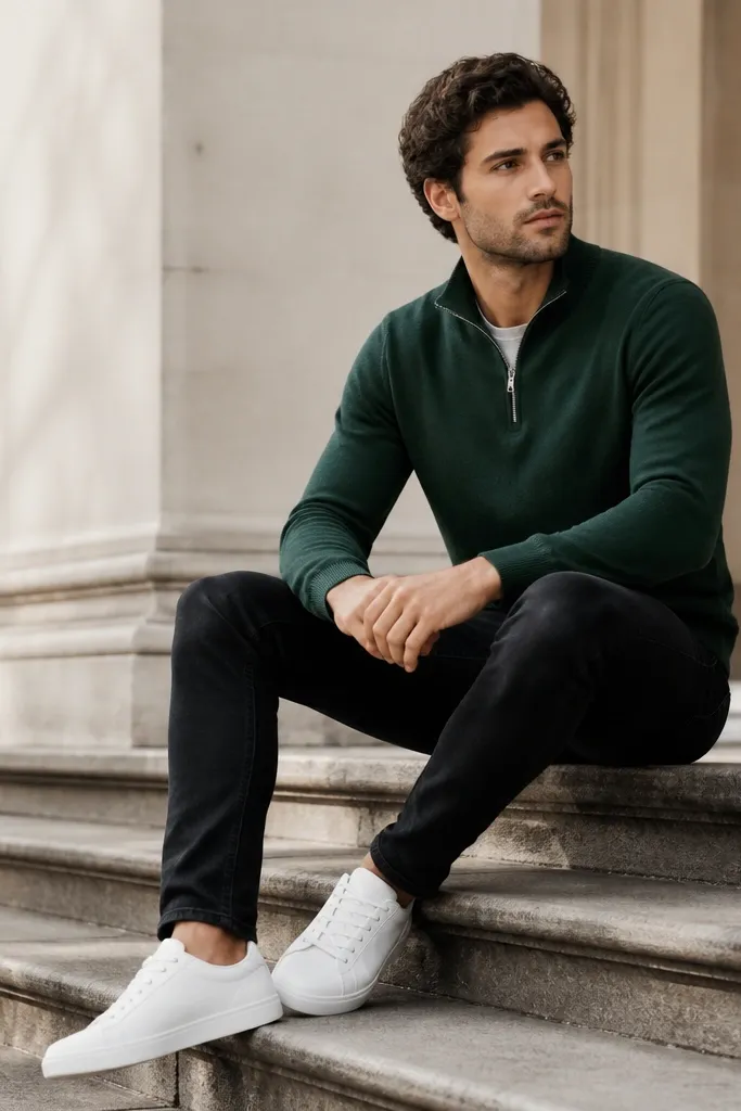 Forest green quarter zip sweater paired with black denim and white sneakers; the photo shows a crisp zipper line and clean shoe contrast.