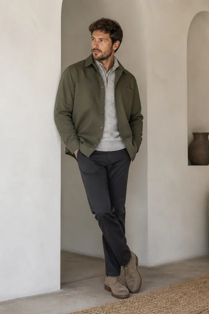 Grey quarter zip with an olive overshirt, dark chinos, and desert boots; the overshirt layers over the quarter zip.
