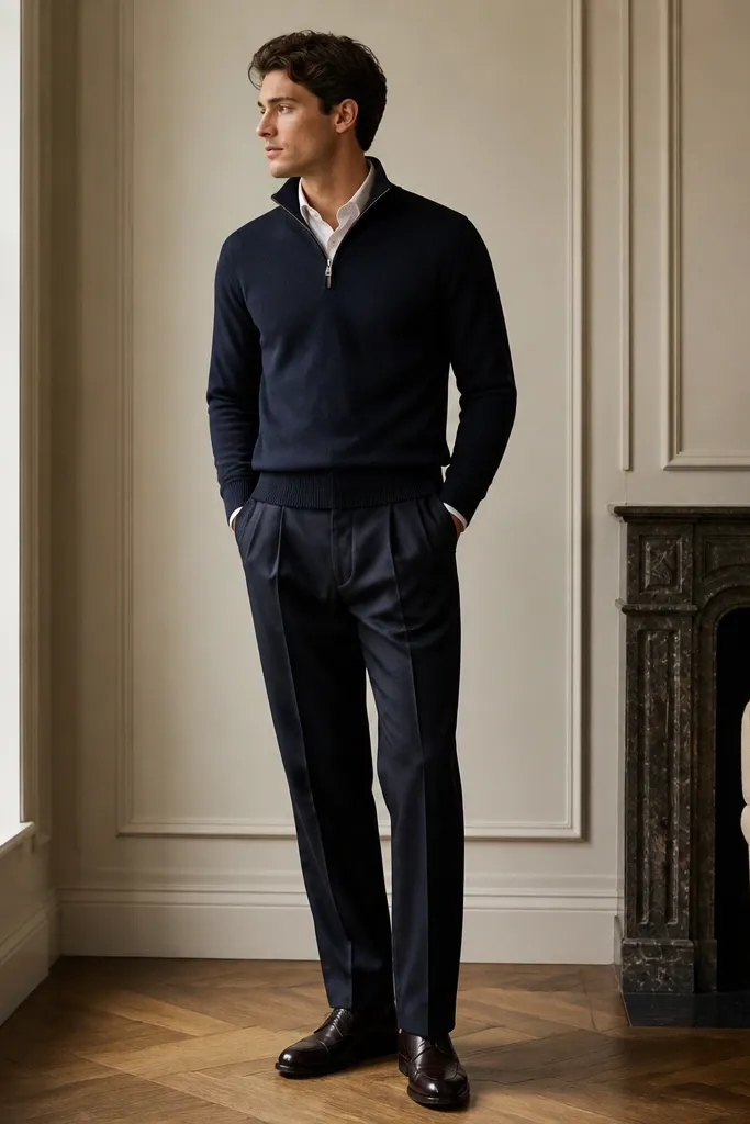 Navy quarter zip sweater worn over a white oxford button-down, paired with navy pleated trousers and polished shoes; the shirt collar peeks out.