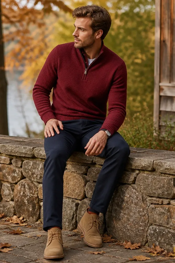 Red quarter zip sweater with navy chinos and suede desert boots; the boots show a warm tone and the outfit looks autumn-ready.