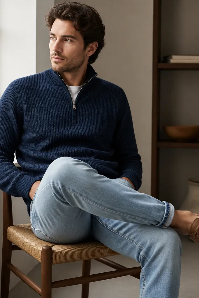 Indigo quarter zip sweater worn with light wash jeans and tan leather sneakers; the outfit shows a casual denim-on-denim vibe with careful contrast.