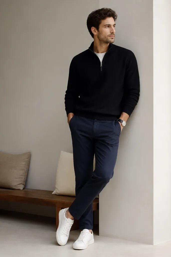 Black quarter zip sweater paired with navy tapered chinos and white minimal sneakers; the outfit has a clean, modern look with a dark watch strap.