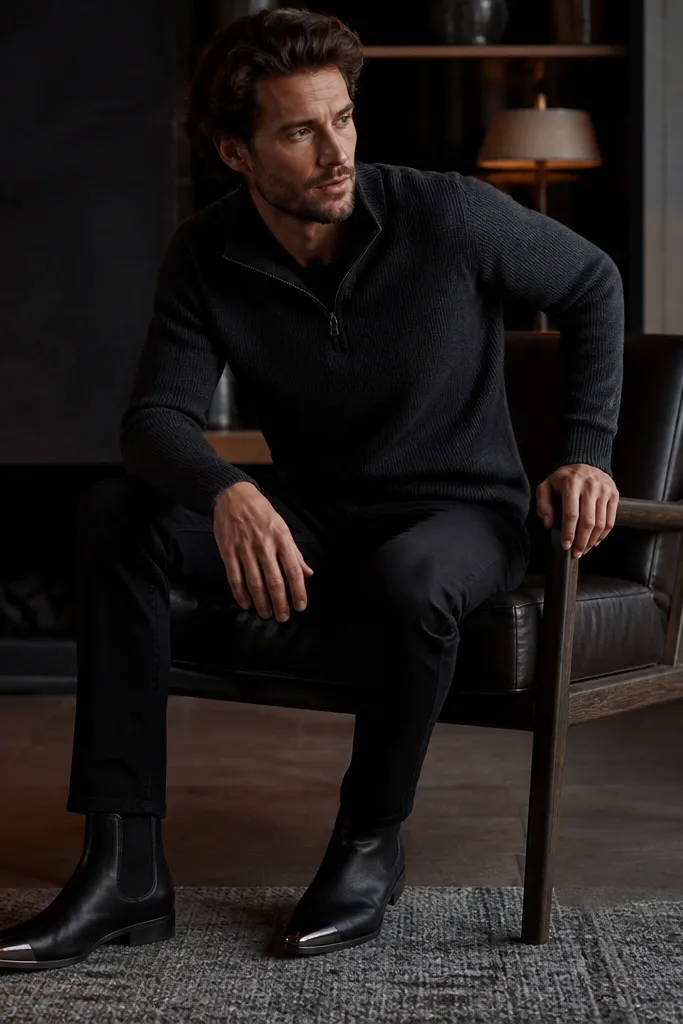 Charcoal quarter zip sweater with black denim and Chelsea boots that have a subtle silver toe cap; the look is sleek and night-ready.