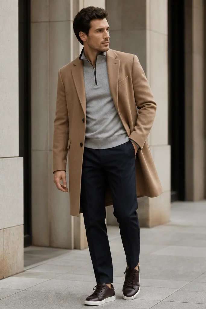 Light grey quarter zip under a tan overcoat, paired with dark trousers and leather sneakers; the photo shows the coat open slightly at the front.