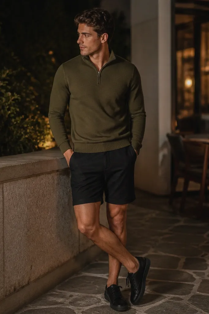 Olive quarter zip sweater paired with black shorts and black leather sneakers; the outfit looks clean and nighttime casual.