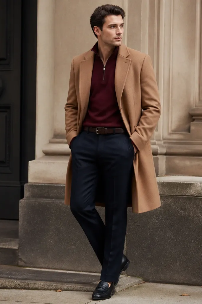 A deep oxblood red quarter zip in a fine merino knit, zipper at mid-chest, worn with tailored navy wool trousers and a dark brown leather belt. The shoes are sleek black leather loafers, and the outer layer is a camel overcoat with a clean collar line.