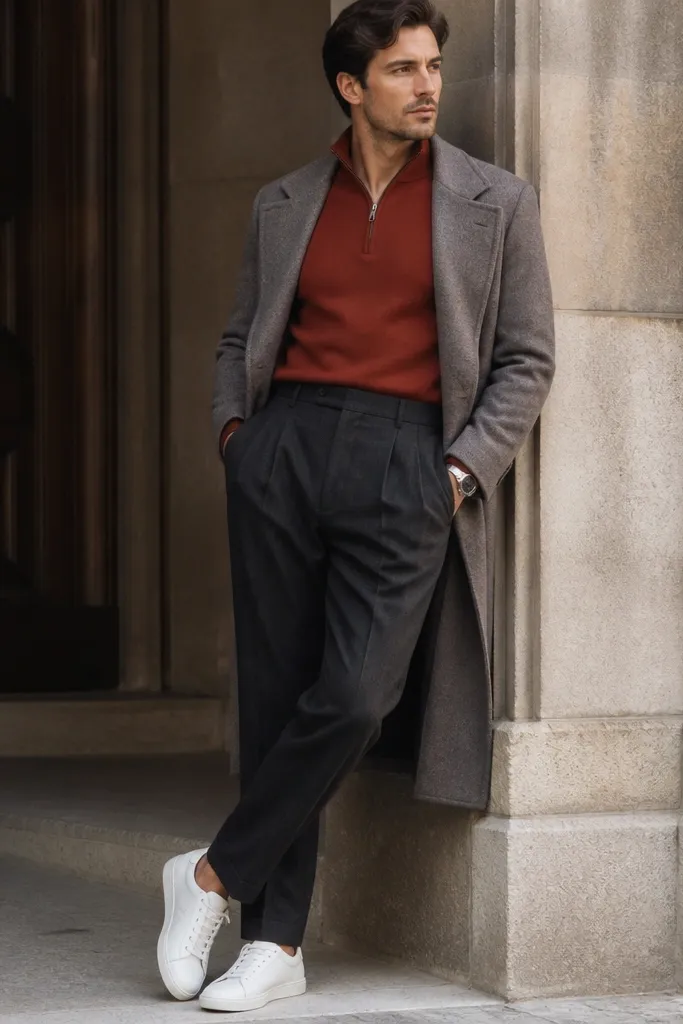 A brick red quarter zip with a dense, matte knit, worn with high-waisted charcoal pleated trousers. The man wears white low-top leather sneakers and a grey wool topcoat draped open, with a watch peeking from the cuff.