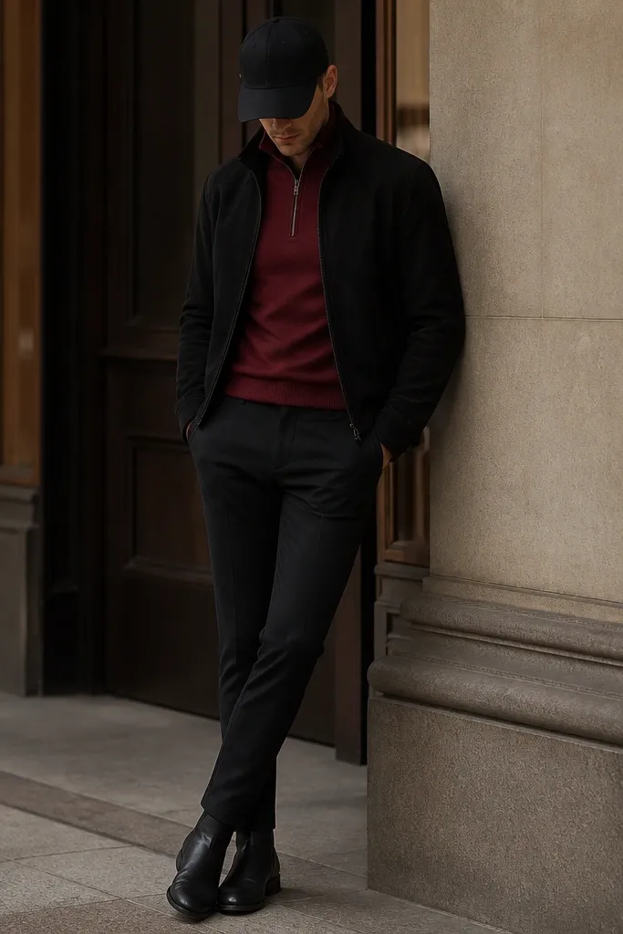 A cherry red quarter zip in a tightly knit sweater material, zipped to the chest. It's paired with black tapered chinos and black leather boots. A black baseball cap sits low, and the jacket is a short black suede bomber.