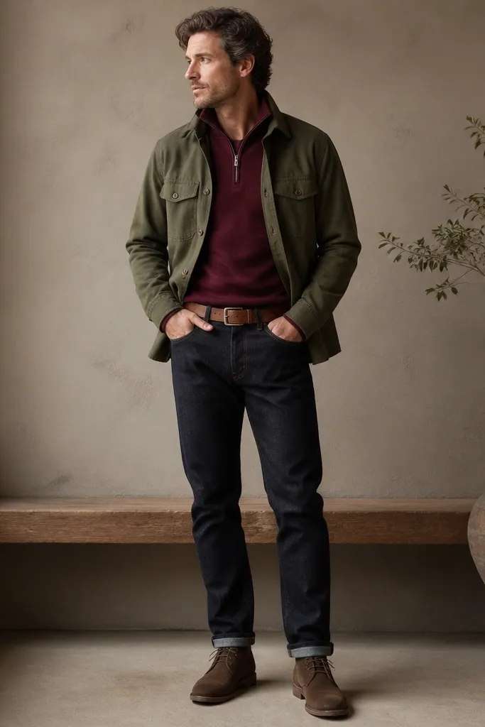 A deep burgundy quarter zip with a smooth knit, layered under an olive green overshirt. The pants are dark indigo selvedge jeans, and the shoes are brown suede chukkas. A belt is visible at the waist, and the overall color palette is earthy.