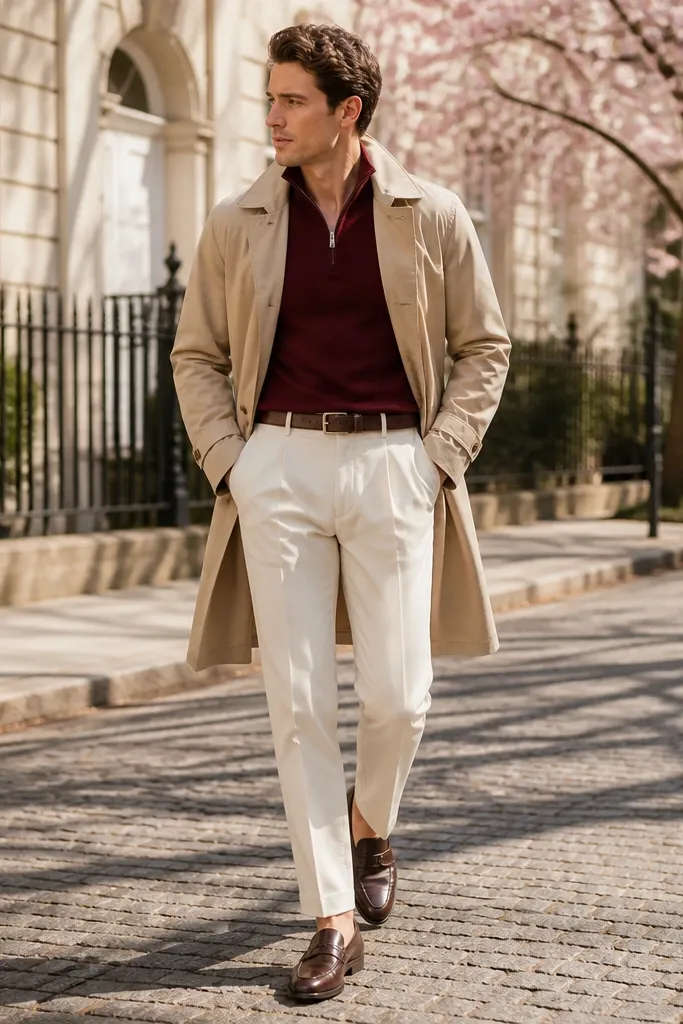 An oxblood red quarter zip in a fine knit, worn with light cream tailored trousers. The man wears dark brown leather loafers and a matching belt. The outer layer is a light beige trench coat, and the scene looks like a spring street with bright daylight.