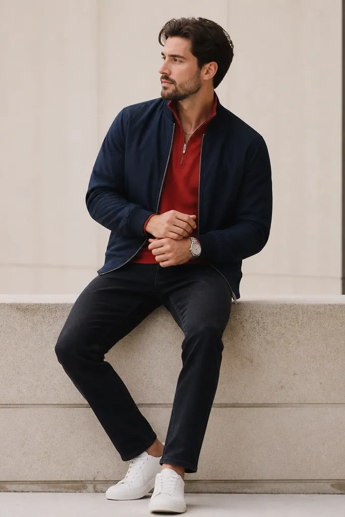 A red quarter zip under a navy bomber jacket, zipped to the chest. The jeans are dark, nearly black denim with minimal fading, and the shoes are clean white leather sneakers. There's a simple chain necklace and a watch.