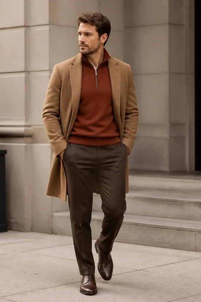 A rust red quarter zip in a medium-weight knit, worn with brown trousers in a warm chocolate tone. A camel overcoat hangs open, and the man wears dark brown leather oxford shoes. The scarf is not present, keeping the look clean.