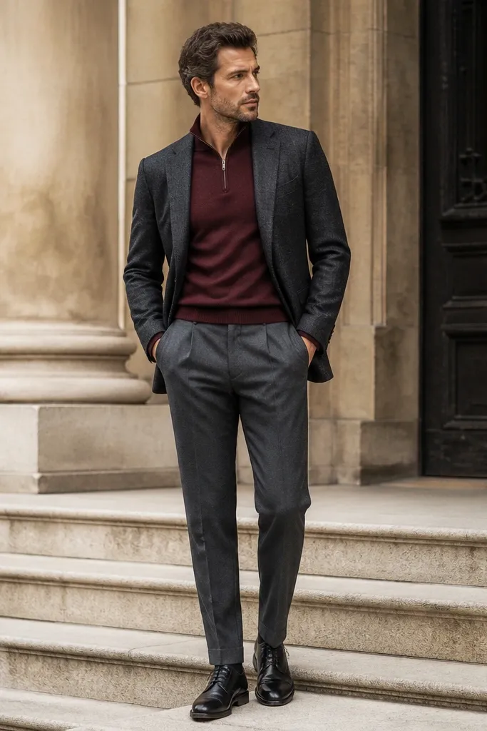 A burgundy quarter zip worn with tailored grey suit trousers. The jacket is a charcoal wool blazer pulled open, and the shoes are black leather derby shoes. The shirt underneath is not visible - it's just the quarter zip.