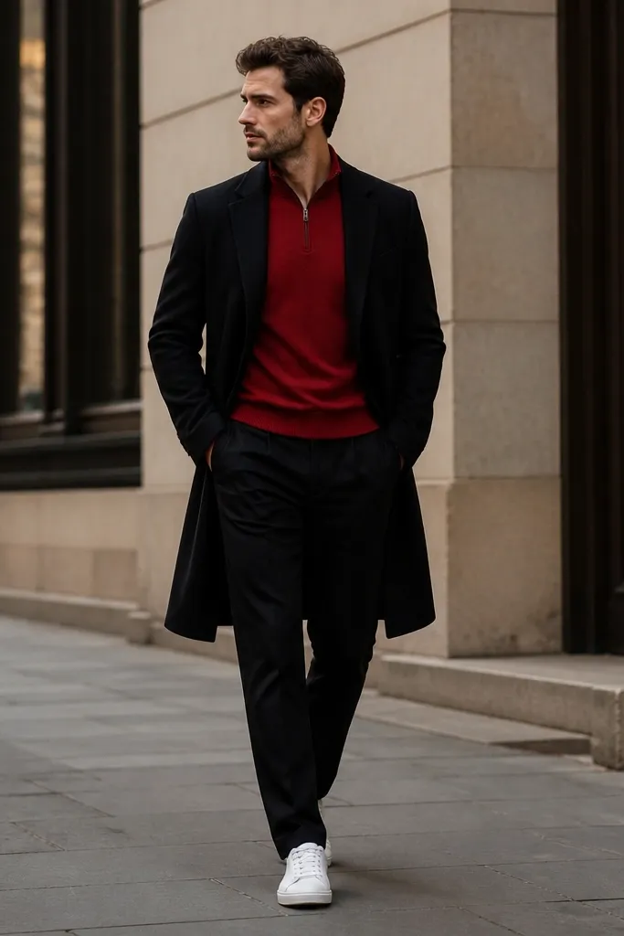 A red quarter zip in a tight knit, worn under a long black overcoat. The trousers are black, and the shoes are clean white sneakers. The overall look is monochrome with a red top as the only color pop.