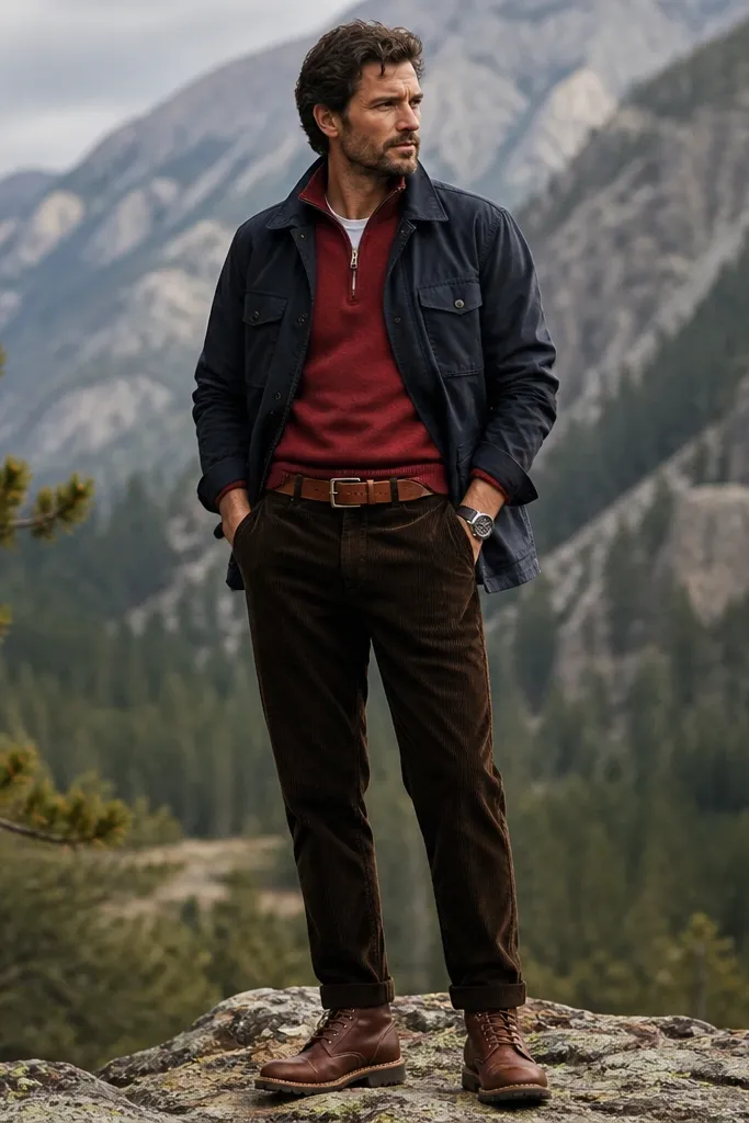 A crimson red quarter zip worn with a navy chore jacket over it. The pants are dark brown corduroy, and the shoes are tan leather boots. The look is outdoorsy, with a belt and a rugged watch visible.