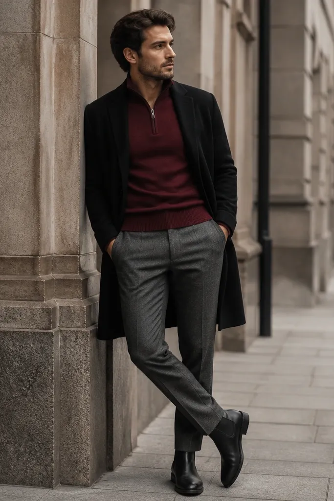 A dark red quarter zip in a dense knit, worn with grey flannel trousers. A black overcoat or long cardigan layer sits open, and the shoes are black Chelsea boots. The outfit looks clean and winter-ready.