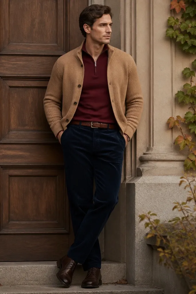 An oxblood red quarter zip in a fine knit, paired with navy corduroy pants. The man wears a brown leather belt and dark brown lace-up shoes. The outer layer is a simple camel knit cardigan or a light jacket.