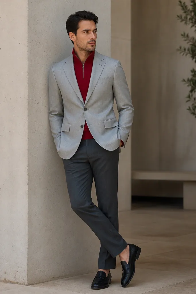 A red quarter zip worn under a light grey suit jacket. The trousers are dark grey and the shoes are black leather loafers. The shirt underneath is not visible, and the collar sits cleanly under the jacket lapel.