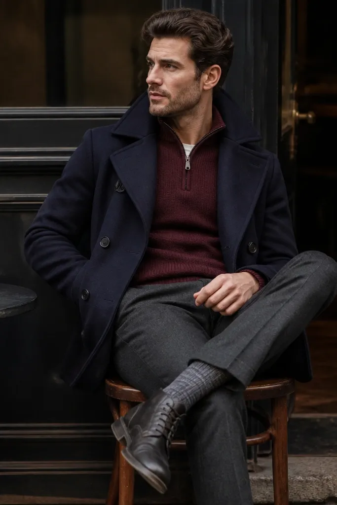 A burgundy quarter zip in a chunky-but-neat knit, worn with a navy peacoat. The trousers are dark grey wool, and the shoes are dark leather boots. Wool socks peek above the boots, and the overall look is winter-cozy but tailored.