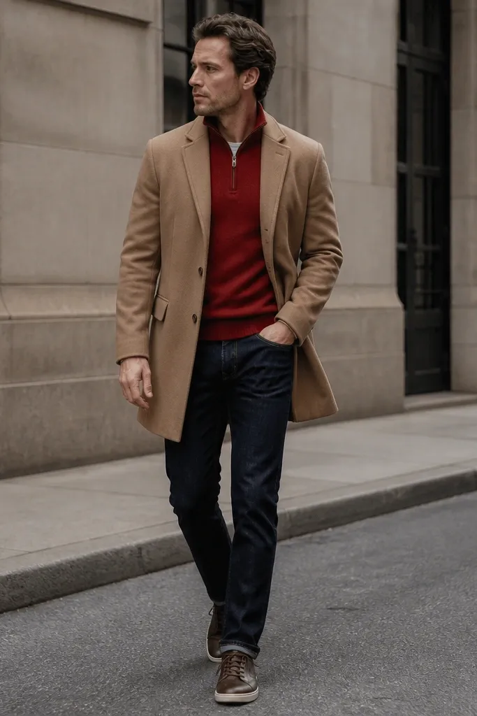A red quarter zip worn with a tan overcoat and dark indigo jeans. The shoes are dark brown leather sneakers or low-profile trainers. The outfit looks like a city walk in cooler weather, with minimal accessories.