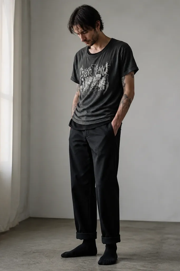 A man wearing a faded black band t-shirt with a cracked white graphic, a ribbed black tank peeking at the neck and hem, and straight black workwear pants. He has a slight forward slouch in the shoulders and cuffed pant hems showing dark socks.