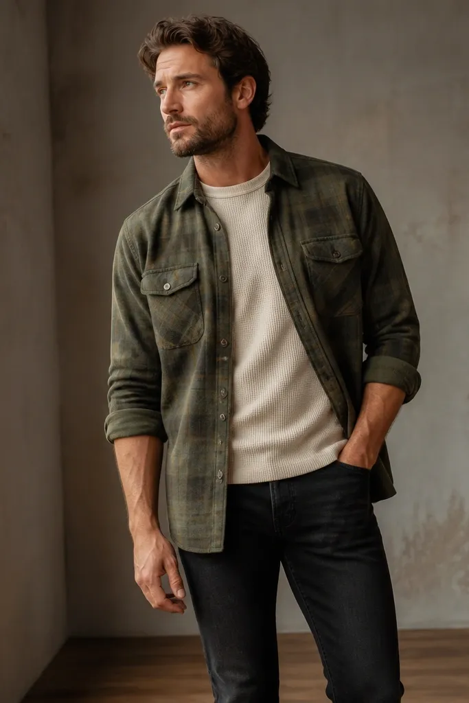 A man layered in olive-green flannel worn open over a cream thermal shirt. He wears black slim jeans with slight fading at the knees and has rolled flannel sleeves. One hand rests in a pocket of the flannel.