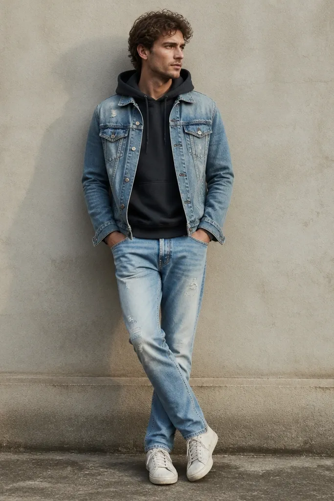 A man in a charcoal hoodie with the hood down, wearing a faded distressed denim jacket over it. He has straight light wash jeans with worn patches at the thighs and is wearing scuffed white sneakers.