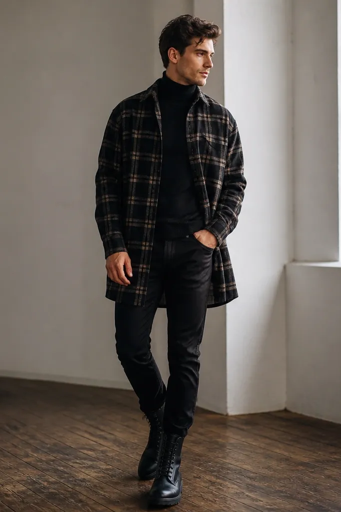 A man wearing a fitted black turtleneck under a long plaid button-up that hangs past the hips. He has black combat boots and dark pants, with the plaid shirt slightly open at the collar.