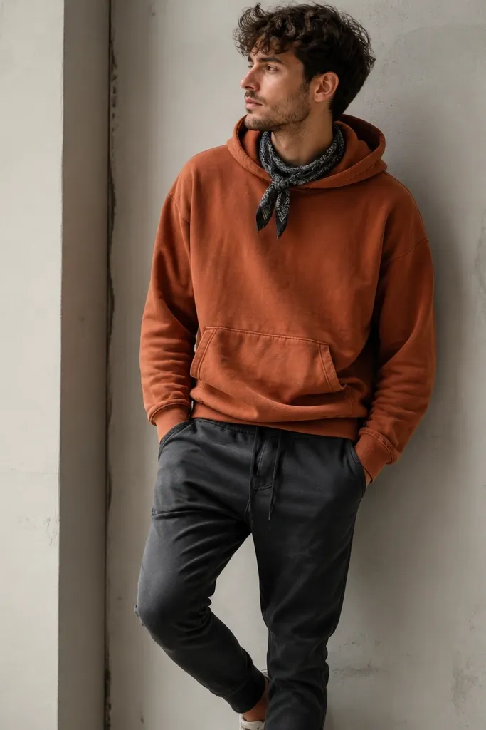 A man wearing a rust-orange hoodie with a slightly faded look. A black-and-gray bandana is tied around the neck, and he wears charcoal joggers with tapered cuffs.
