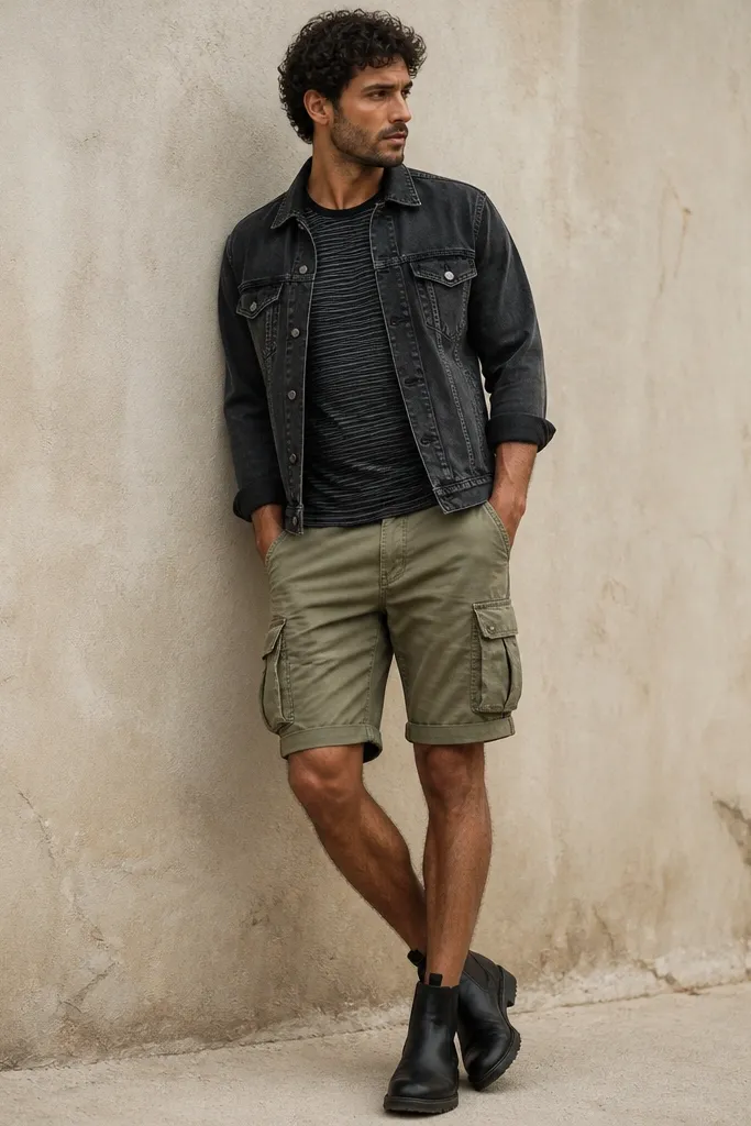 A man in a washed black denim jacket, wearing a black-and-gray striped t-shirt. He has olive cargo shorts with multiple pockets and cuffed hems, plus black ankle boots.