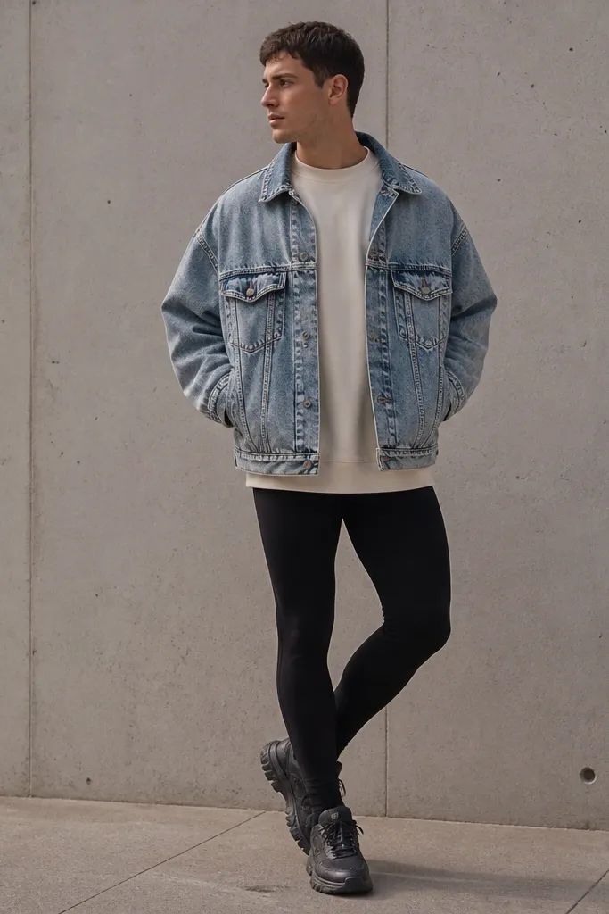 A man wearing a cream crewneck sweatshirt with an oversized acid-wash denim jacket layered on top. He has black leggings and dark chunky sneakers.