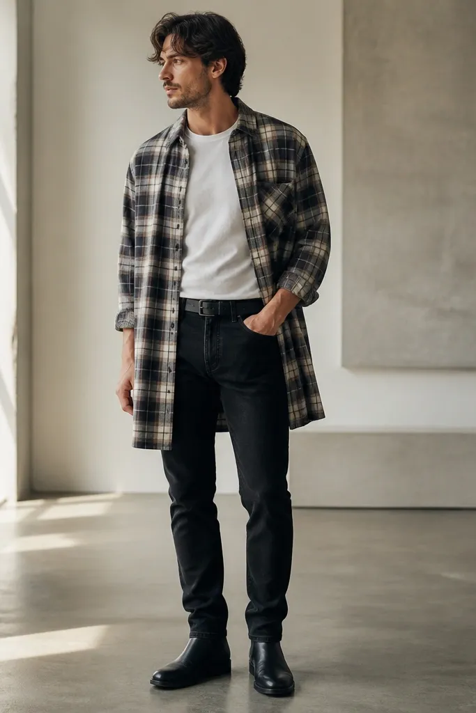 A man wearing black slip-on boots. He has a longline plaid button-up open over a tucked white t-shirt. The plaid hangs to mid-thigh and the sleeves are rolled once.