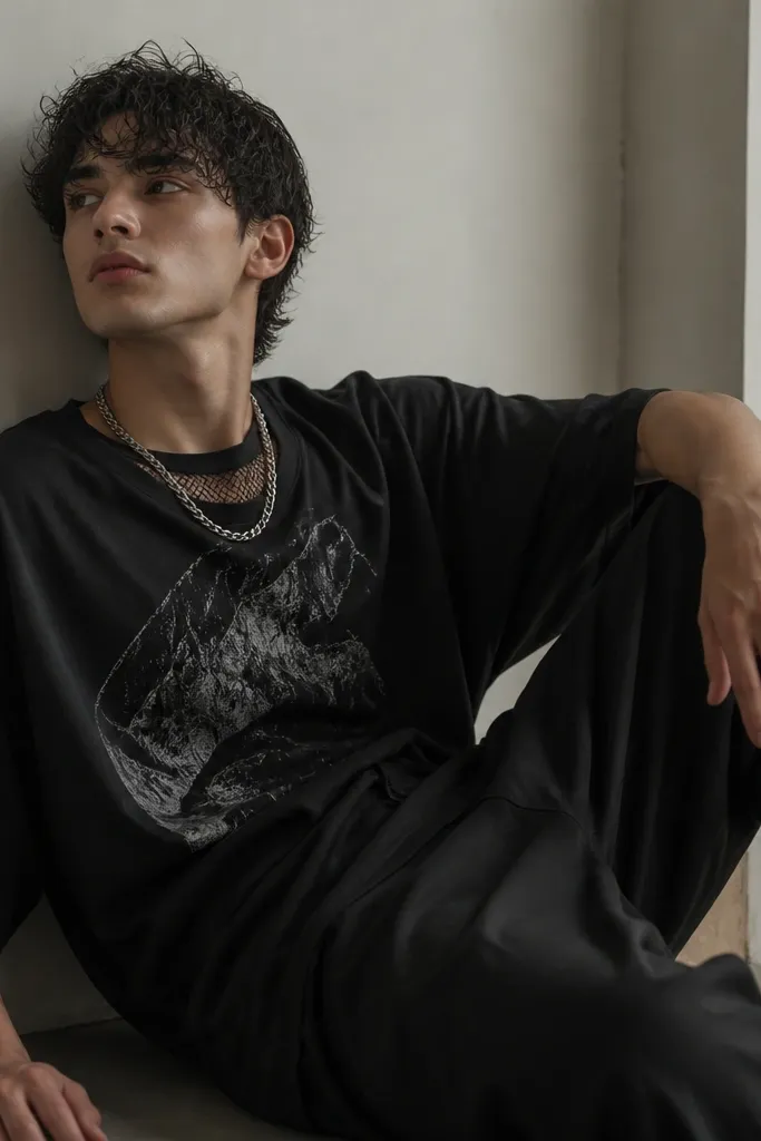 A man wearing an oversized black graphic t-shirt with a second black mesh tank visible underneath at the neckline. He has black baggy pants and a chain necklace.