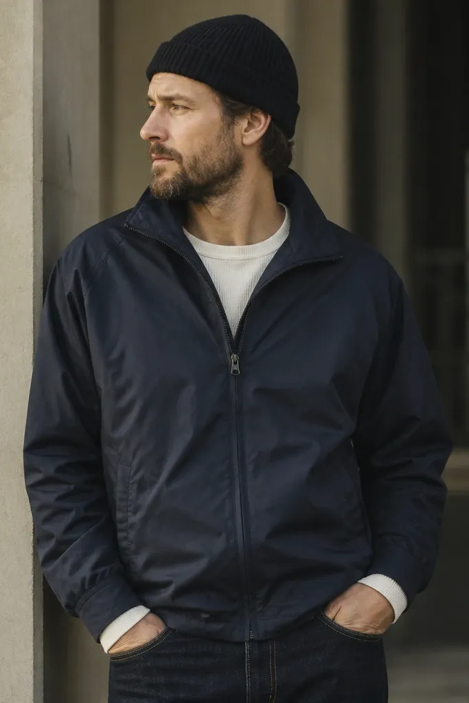 A man wearing a navy windbreaker with a slightly worn matte finish. A white thermal shirt is visible underneath at the neck and sleeves. He wears a black beanie and dark jeans.