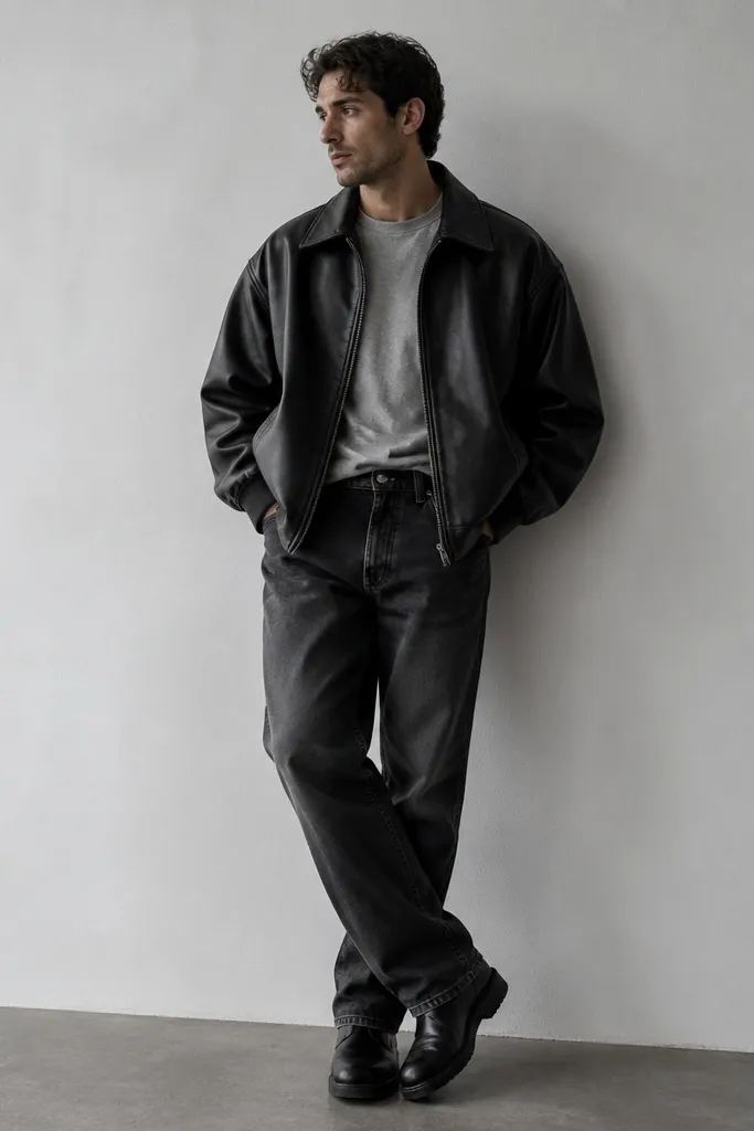 A man wearing a grey marl t-shirt under an oversized black leather (faux) jacket. He has faded black denim jeans with a slight knee fade and wears dark boots.