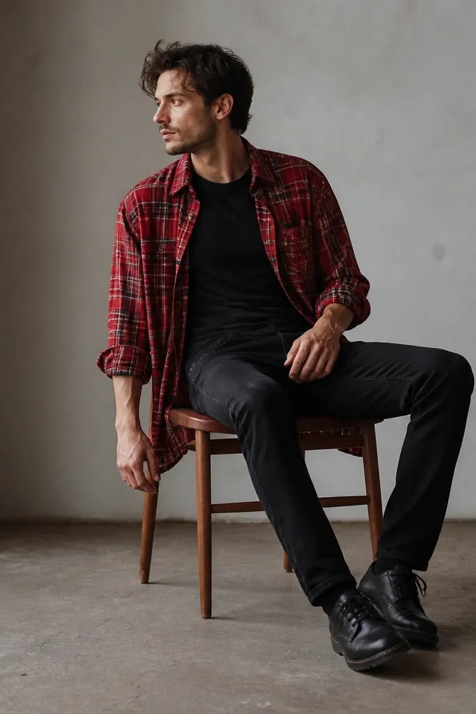 A man wearing a red flannel shirt worn open over a black t-shirt. He has black straight jeans and shoes with visible white stitching. His sleeves are rolled and the flannel hem hangs slightly longer at the back.