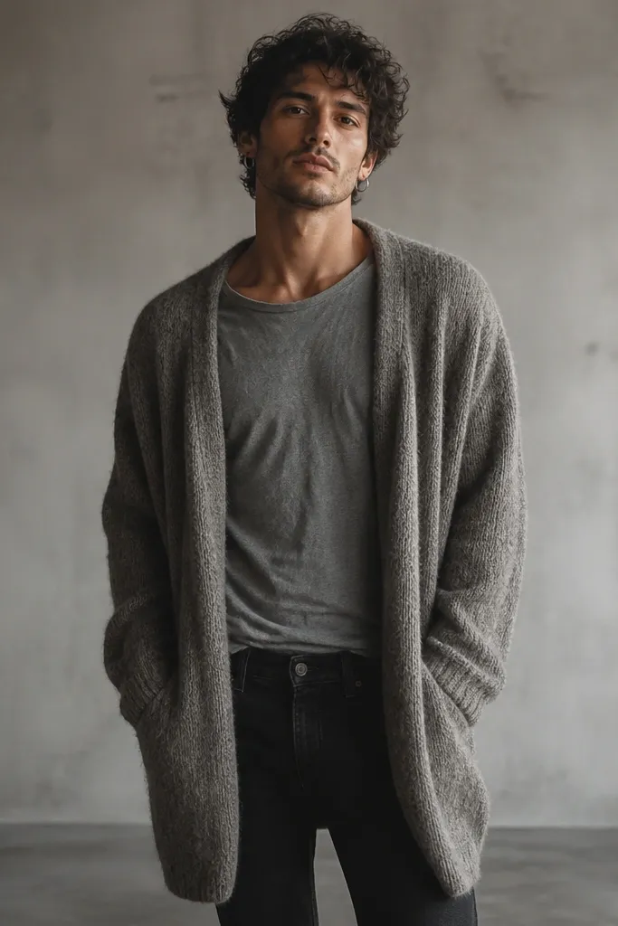 A man wearing a faded grey t-shirt under a long knit cardigan that hangs past the hips. He has black jeans and silver hoop earrings. His hair is slightly messy and the cardigan looks soft and worn.